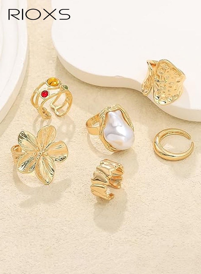 RIOXS Women's Gold Ring Set of Five, Baroque-inspired Open-Back Adjustable Bands, Set with Cultured Pearls and Crystal Gemstones, Crafted Exclusively for Ladies, Floral Openwork Bohemian Ring Set with Natural Textured Bands, Perfect for Evening Parties and Artistic Layered Looks - Image 5